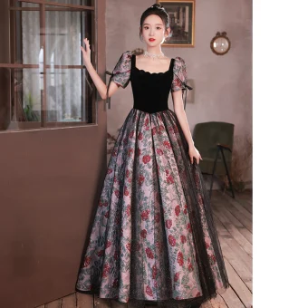 Vintage Originale Noire Robe De Bal 2023 Princesse Encolure Carrée Manches Courtes Dos Nu Longue Promo Robe De Ceremonie