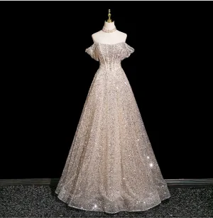 Scintillantes Charmant Champagne Perlage Faux Diamant Paillettes Robe De Soirée 2025 Princesse De L Épaule Manches Courtes Dos Nu Longue Robe De Ceremonie