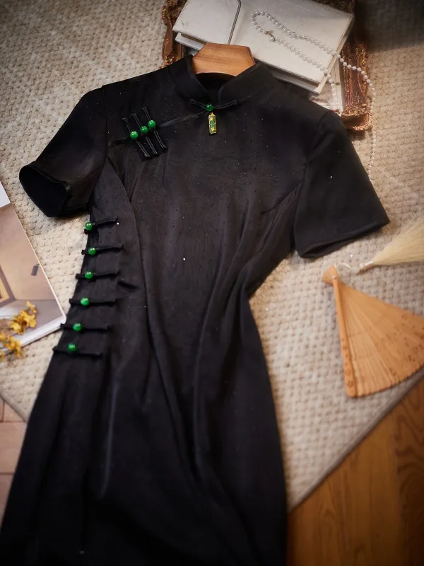 Chinese style Black Summer Tea-length Cheongsam 2024 Trumpet / Mermaid High Neck Short Sleeve