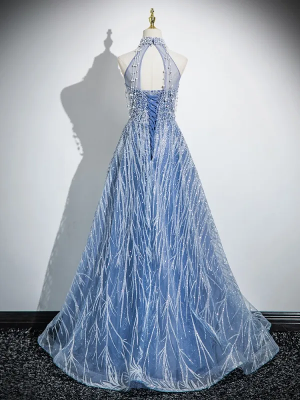 Sparkly Sky Blue Beading Pearl Sequins Prom Dresses 2024 A-Line / Princess High Neck Sleeveless Backless Floor-Length / Long Prom Formal Dresses
