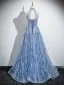 Sparkly Sky Blue Beading Pearl Sequins Prom Dresses 2024 A-Line / Princess High Neck Sleeveless Backless Floor-Length / Long Prom Formal Dresses