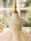 Chic / Beautiful Champagne Ruffle Birthday Short Flower Girl Dresses 2024 Ball Gown Scoop Neck Sleeveless Pearl Sash Bow
