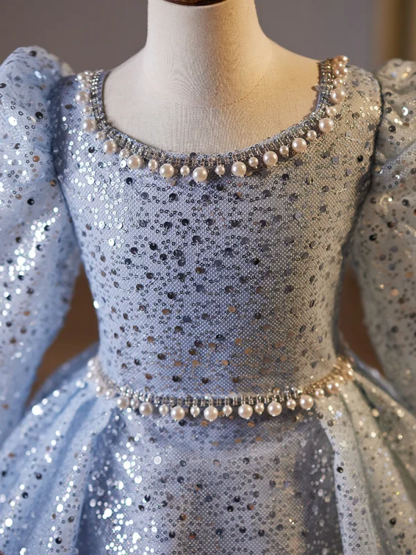 Sparkly Sky Blue Beading Pearl Rhinestone Birthday Flower Girl Dresses 2024 Ball Gown Scoop Neck 3/4 Sleeve Backless Floor-Length / Long