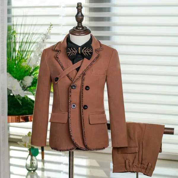 Fashion Tan 5-piece Long Sleeve Boys Wedding Suits 2025 Coat Pants Shirt Tie Vest