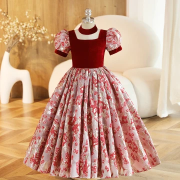 Chic Beautiful Burgundy Printing Birthday Flower Girl Dresses 2023 Ball Gown Square Neckline Short Sleeve Backless Floor Length Long Flower Girl Dresses