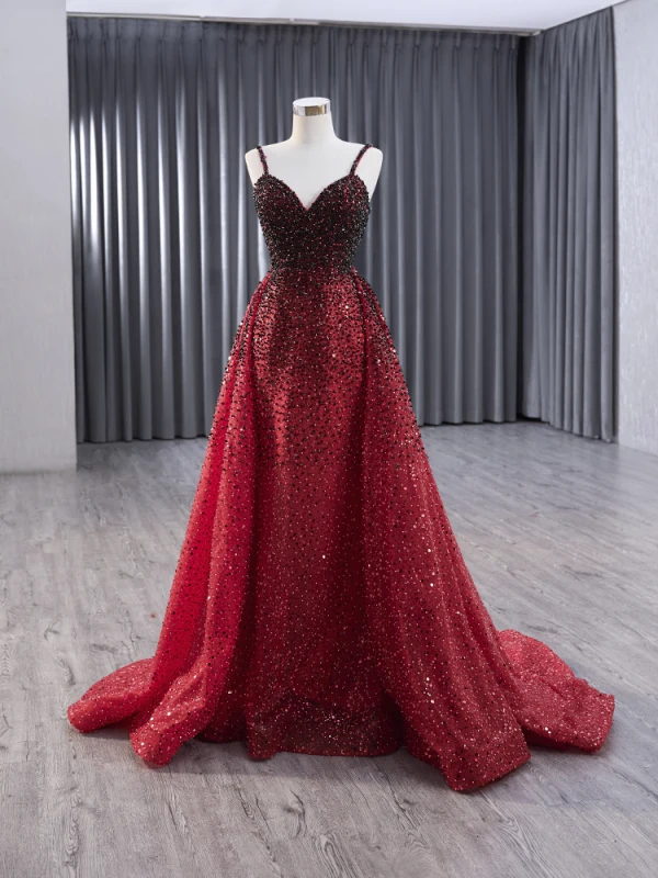 High-end Burgundy Gradient-Color Handmade  Beading Pearl Sequins Prom Dresses 2024 Trumpet / Mermaid Spaghetti Straps Sleeveless Backless Sweep Train Prom Formal Dresses