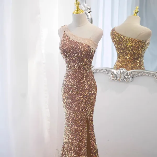 Sexy Gold Perlenstickerei Pailletten Abendkleider 2023 Meerjungfrau One-Shoulder Ärmellos Rückenfreies Gespaltete Front Lange Abend Festliche Kleider