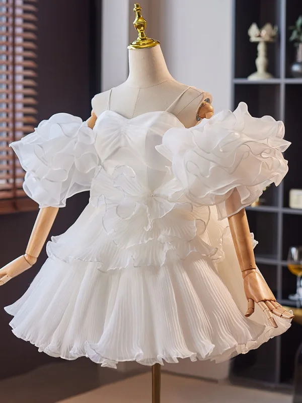 Mode Blanche Volants en Cascade Robe De Mariée Courte 2024 Robe Boule Bretelles Spaghetti Manches amovibles Dos Nu Robe De Mariée