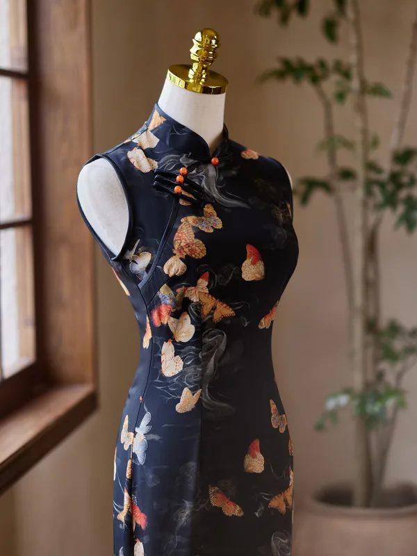 Chinese style Black Butterfly Printing Summer Tea-length Cheongsam 2024 Trumpet / Mermaid High Neck Sleeveless
