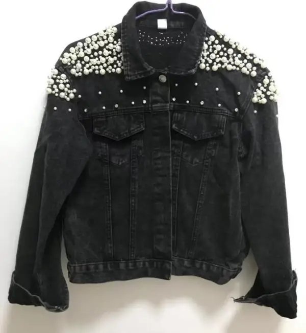 Women Beading Rhinestone Pearl Denim Sky Blue Coats & Jackets Cotton Loose Lapel Street Wear Fall Winter Long Sleeve Tops
