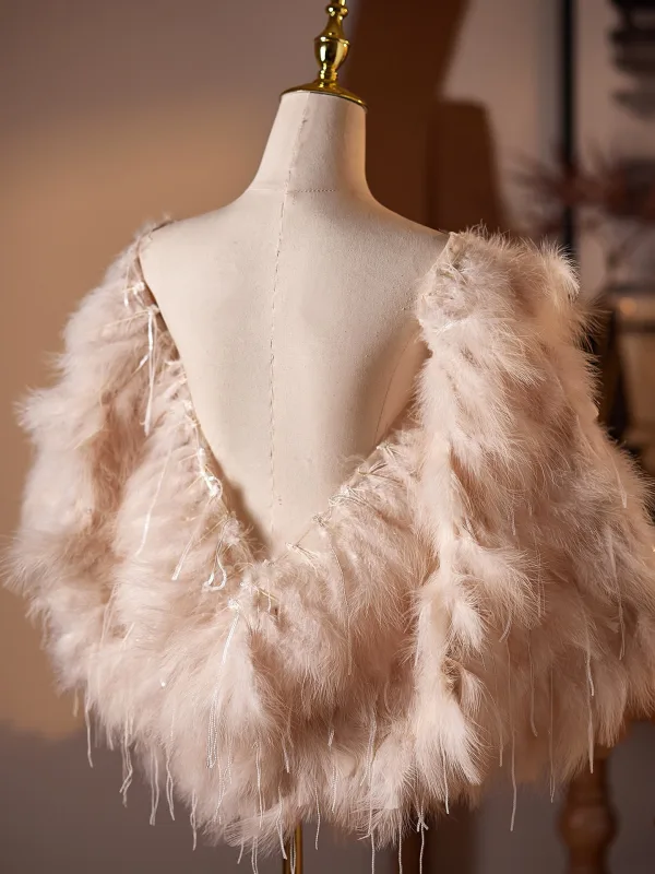High-end Jaw-dropping Champagne Handmade  Feather Tassel Evening Party shawl 2026