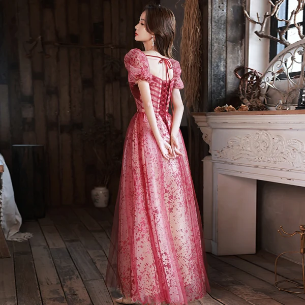 Elegant Burgundy Sequins Evening Dresses 2022 A-Line / Princess Square Neckline Short Sleeve Backless Bow Floor-Length / Long Evening Party Formal Dresses