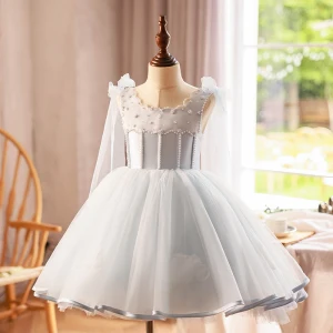 Modest Simple Grey Pearl Short Wedding Flower Girl Dresses 2023 Ball Gown Scoop Neck Sleeveless Backless