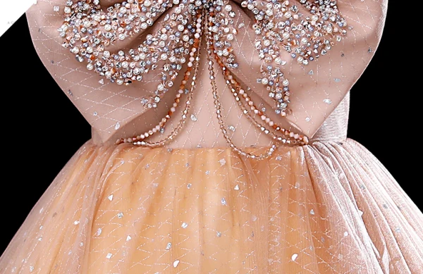 Chic / Belle Champagne Perlage Faux Diamant Paillettes Robe Ceremonie Fille 2024 Robe Boule Anniversaire Encolure Carrée Noeud Sans Manches Dos Nu Longue