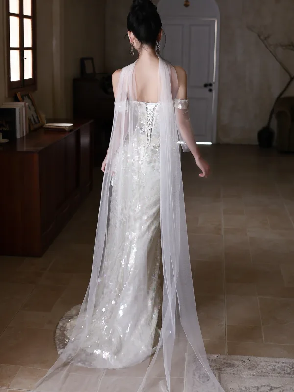Sexy Bling Bling Ivoire Perlage Perle Paillettes Robe De Soirée 2026 Trompette / Sirène De l'épaule Sans Manches Dos Nu Train De Balayage Soirée Robe De Ceremonie