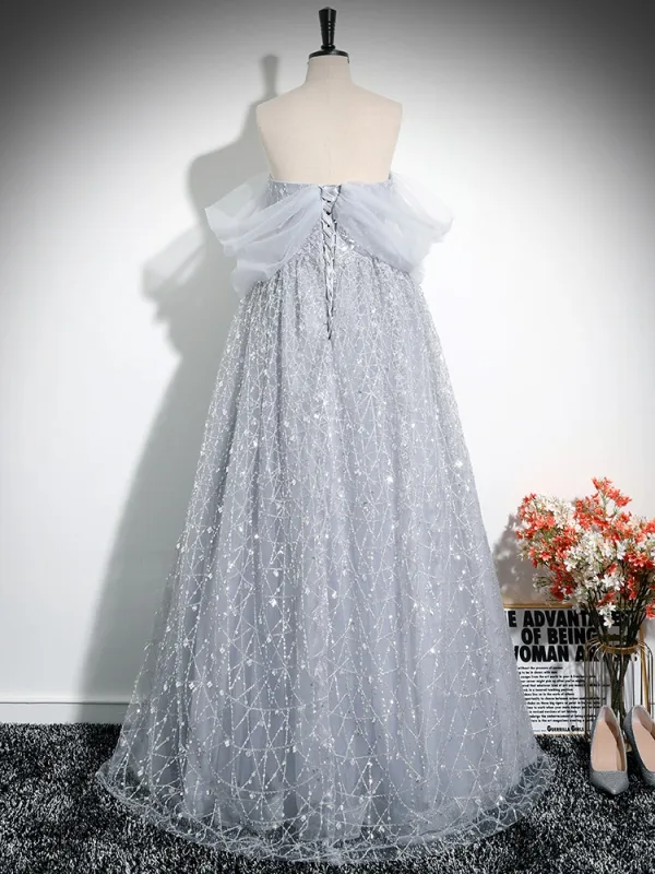 Charmant Grau Perlenstickerei Pailletten A Linie Ballkleider 2024 Off Shoulder Kurze Ärmel Rückenfreies Lange Ball Festliche Kleider