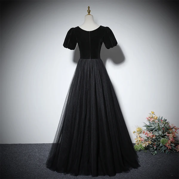 Audrey Hepburn Style Black Prom Dresses 2024 A-Line / Princess Square Neckline Puffy Short Sleeve Floor-Length / Long Prom Formal Dresses