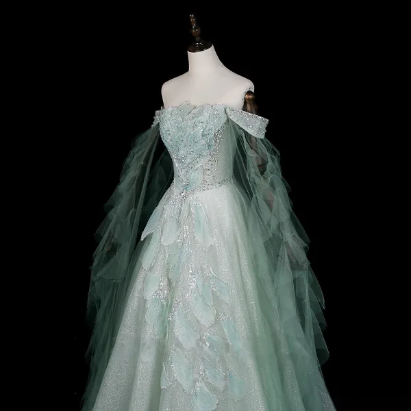 Fashion Mint Green Beading Rhinestone Sequins Prom Dresses 2026 A-Line / Princess Off-The-Shoulder Sleeveless Backless Floor-Length / Long Formal Dresses
