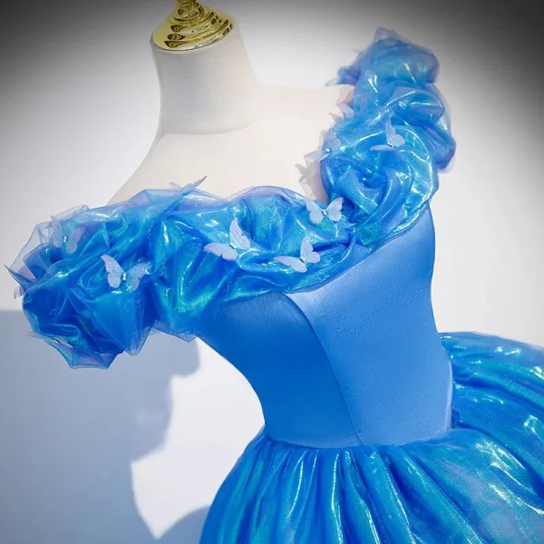 Cendrillon Chic / Belle Bleu Papillon Appliques Robe De Bal 2023 Robe Boule Volants De l'épaule Manches Courtes Dos Nu Longue Promo Robe De Ceremonie