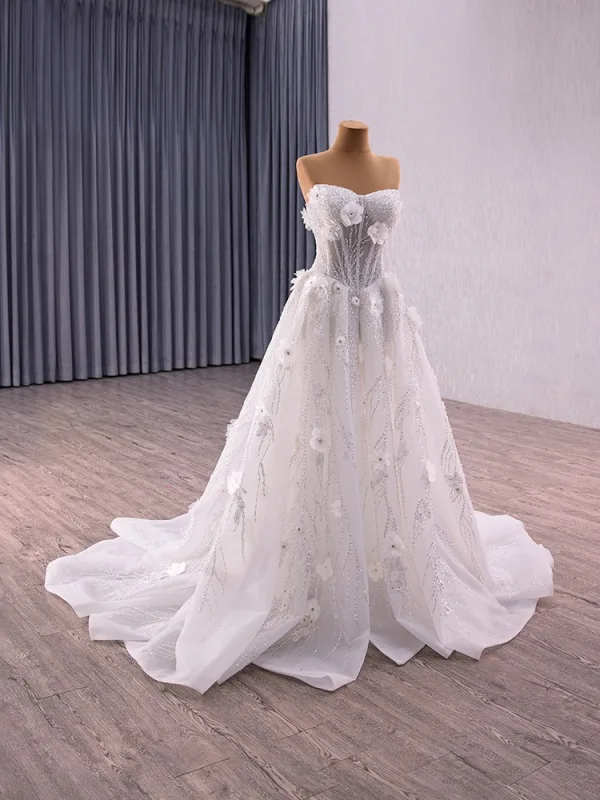 High End Weiß Handgefertigt Perlenstickerei Applikationen Pailletten Brautkleider / Hochzeitskleider 2025 A Linie Bandeau Ärmellos Rückenfreies Sweep / Pinsel Zug Hochzeit