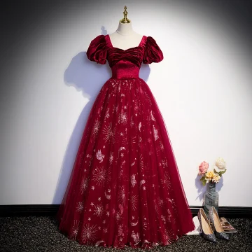 Chic Beautiful Burgundy Sequins Prom Dresses 2023 A Line Princess Square Neckline Puffy Short Sleeve Backless Floor Length Long Prom Formal Dresses