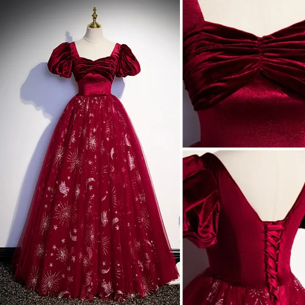 Chic / Beautiful Burgundy Sequins Prom Dresses 2023 A-Line / Princess Square Neckline Puffy Short Sleeve Backless Floor-Length / Long Prom Formal Dresses