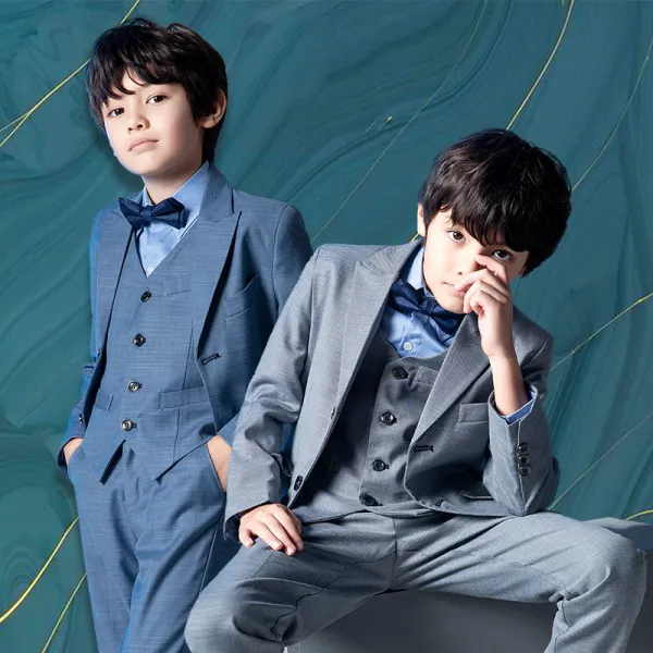 Fashion Navy Blue 5-piece Long Sleeve Boys Wedding Suits 2022 Coat Pants Shirt Tie Vest Wedding