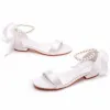 Sexy White Pearl Ankle Strap Bow Flat Wedding Shoes 2023 Open / Peep Toe Wedding Sandals