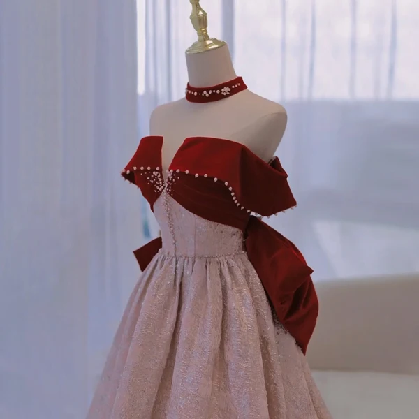 Charming Burgundy Beading Evening Dresses 2023 A-Line / Princess Satin Off-The-Shoulder Sleeveless Backless Bow Floor-Length / Long Evening Party Formal Dresses