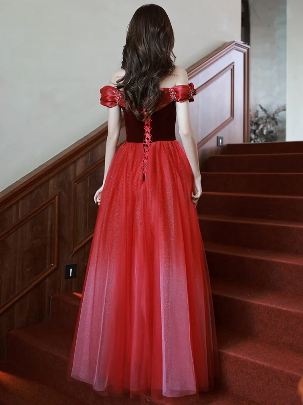 Classy Red Suede Sequins Evening Dresses 2022 A-Line / Princess Off-The-Shoulder Sleeveless Backless Floor-Length / Long Evening Party Formal Dresses