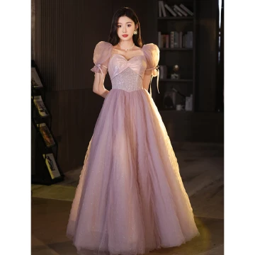 Chic Beautiful Blushing Pink Glitter Sequins Prom Dresses 2023 A Line Princess Square Neckline Puffy Short Sleeve Backless Floor Length Long Prom Formal Dresses