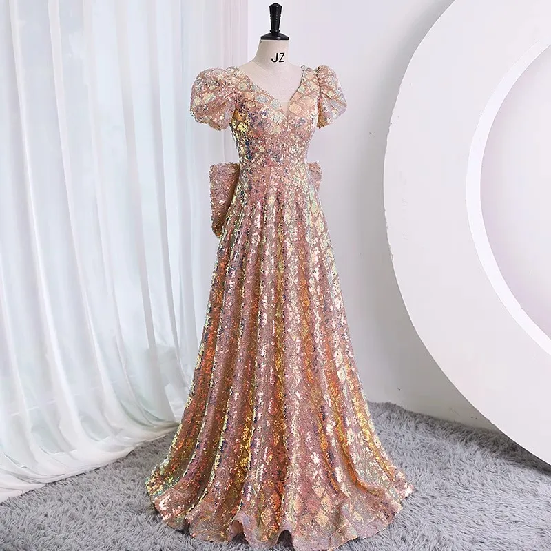 rose gold party dresses A-line Elegant Sparkly Sequin Rose Gold Popular Modest Long Party Even –  bridalsew main image 0