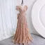 Scintillantes Or Rose Paillettes Robe De Soirée 2023 Princesse V-Cou Manches Courtes Dos Nu Noeud Train De Balayage Soirée Robe De Ceremonie