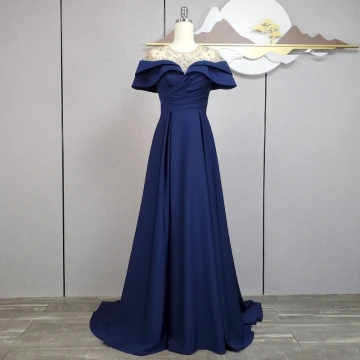 Vintage Retro Navy Blue Beading Sequins Rhinestone Prom Dresses 2024 A Line Princess Scoop Neck Short Sleeve Sweep Train Prom Formal Dresses