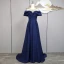 Vintage / Retro Navy Blue Beading Sequins Rhinestone Prom Dresses 2024 A-Line / Princess Scoop Neck Short Sleeve Sweep Train Prom Formal Dresses