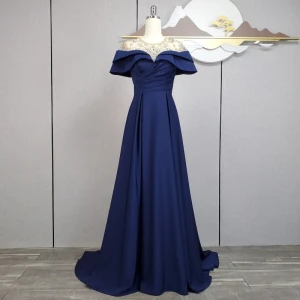 Vintage Marineblau Perlenstickerei Pailletten Strass Ballkleider 2024 A Linie Rundhalsausschnitt Kurze Ärmel Sweep Pinsel Zug Ball Festliche Kleider