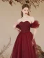 Bling Bling Burgundy Glitter Prom Dresses 2024 A-Line / Princess Off-The-Shoulder Short Sleeve Backless Floor-Length / Long Prom Formal Dresses