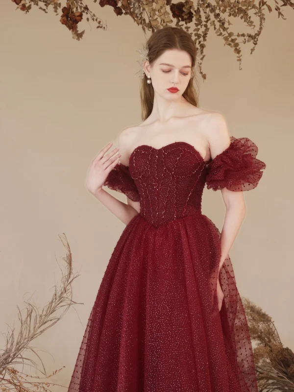 Bling Bling Burgundy Glitter Prom Dresses 2024 A-Line Princess Off-The-Shoulder Short