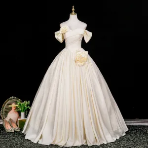 Elegant Champagne Appliques Prom Dresses 2025 Ball Gown Off The Shoulder Short Sleeve Backless Floor Length Long Prom Formal Dresses