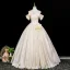 Elegant Champagne Appliques Prom Dresses 2025 Ball Gown Off-The-Shoulder Short Sleeve Backless Floor-Length / Long Prom Formal Dresses