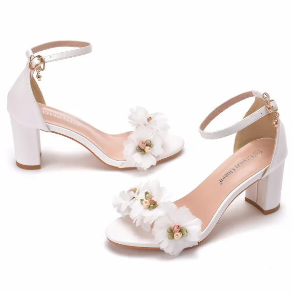 Chic / Belle Blanche Appliques Promo Sandales Femme 2022 Bride Cheville 7 cm Talons Épais Peep Toes / Bout Ouvert Sandales Talons Hauts