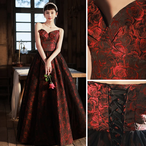 Vintage / Retro Burgundy Printing Prom Dresses 2022 A-Line / Princess Strapless Sleeveless Backless Floor-Length / Long Formal Dresses