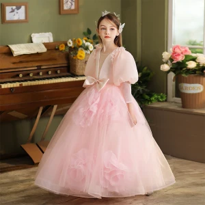 Lovely Blushing Pink Appliques Bow Prom Flower Girl Dresses 2024 Ball Gown Scoop Neck 3 4 Sleeve Floor Length Long