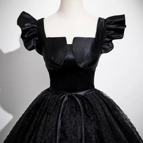 Elegante Schwarz Glanz Ballkleider 2025 Ballkleid Eckiger Ausschnitt Schleife Stoffgürtel Ärmel Rückenfreies Lange Ball Festliche Kleider