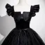 Elegante Schwarz Glanz Ballkleider 2025 Ballkleid Eckiger Ausschnitt Schleife Stoffgürtel Ärmel Rückenfreies Lange Ball Festliche Kleider