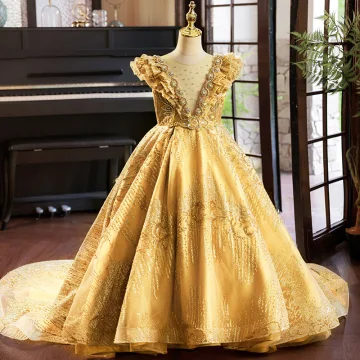 High End Gold Beading Pearl Rhinestone Sequins Birthday Flower Girl Dresses 2023 Ball Gown Scoop Neck Sleeveless Court Train Flower Girl Dresses