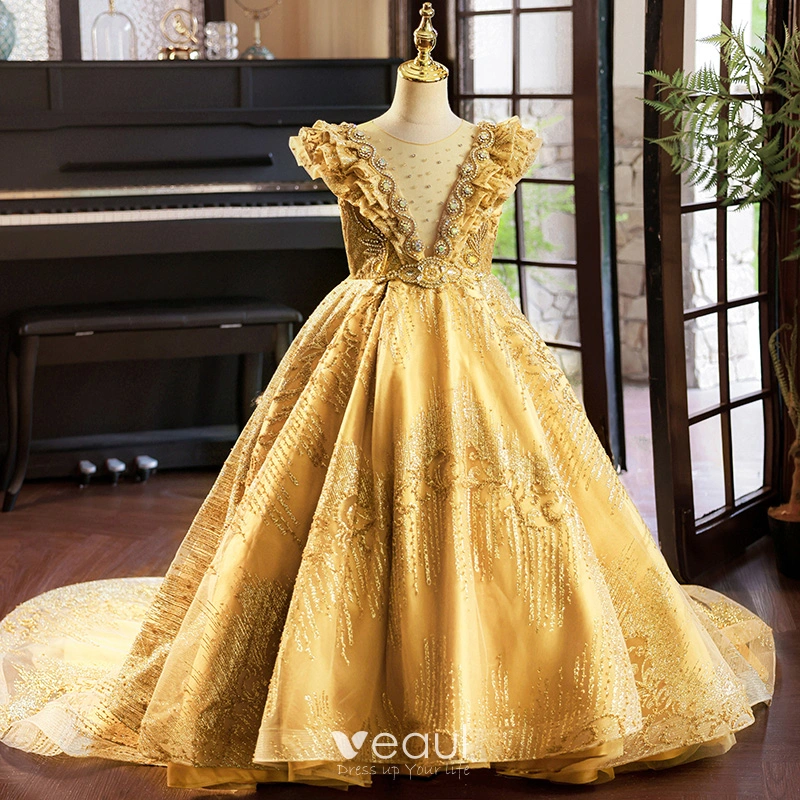gold beading for dresses Sparkly Gold Beaded Tulle A-line Prom Dresses, PD00179 – AlineBridal main image 0