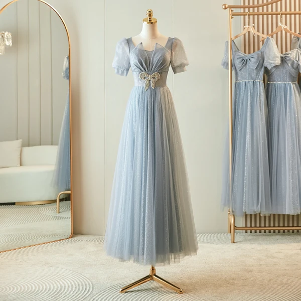 Chic / Belle Gris Perlage Faux Diamant Paillettes Robe Demoiselle D'honneur 2023 Princesse Encolure Carrée Manches Courtes Dos Nu Longue