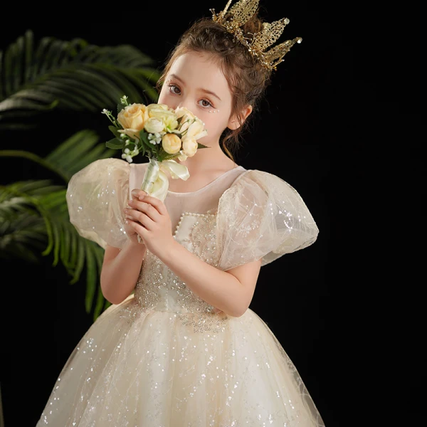 Bling Bling Beading Champagne Pearl Sequins Flower Girl Dresses 2024 Ball Gown Birthday Scoop Neck Puffy Short Sleeve Floor-Length / Long