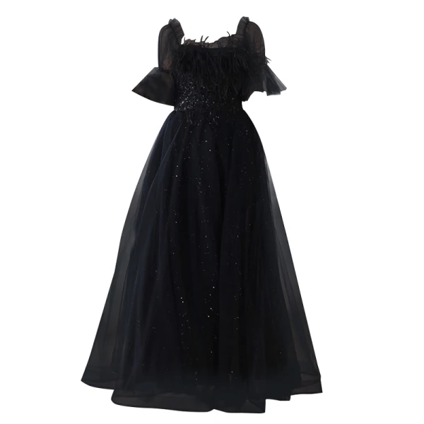 Charming Black Feather Beading Sequins Prom Dresses 2022 A-Line / Princess Square Neckline Bell sleeves Backless Floor-Length / Long Formal Dresses